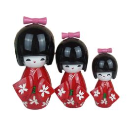 3 Pcs Lovely Japanese Kimono Girl Wooden Dolls With Cherry Blossoms, Red