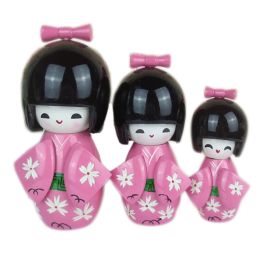 3 Pcs Lovely Japanese Kimono Girl Wooden Dolls With Cherry Blossoms, Pink