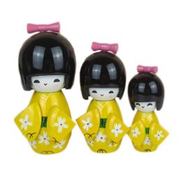 3 Pcs Lovely Japanese Kimono Girl Wooden Dolls With Cherry Blossoms, Yellow