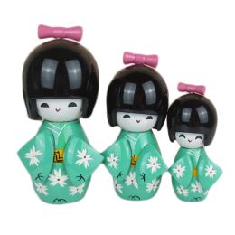 3 Pcs Lovely Japanese Kimono Girl Wooden Dolls With Cherry Blossoms, Light Green