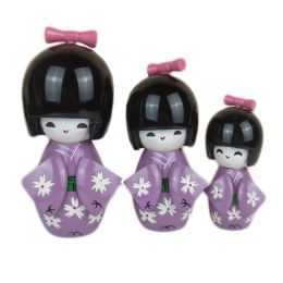 3 Pcs Lovely Japanese Kimono Girl Wooden Dolls With Cherry Blossoms, Purple
