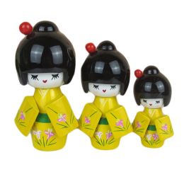 3 Pcs Lovely Japanese Kimono Girl Wooden Dolls With Orchid, Yellow