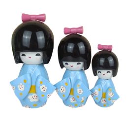 3 Pcs Lovely Japanese Kimono Girl Wooden Dolls With Plum Flower, Blue