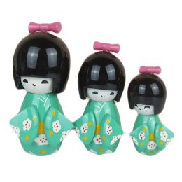 3 Pcs Lovely Japanese Kimono Girl Wooden Dolls With Plum Flower,Light Green