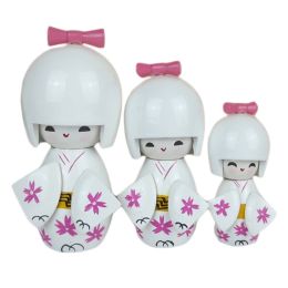 Lovely Japanese Kimono Girl Wooden Dolls With Cherry Blossoms 3 Pcs  White
