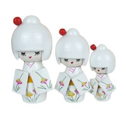 3 Pcs Lovely Japanese Kimono Girl Wooden Dolls With Orchid, White