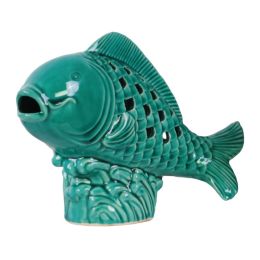 Ceramic Fish Figurine with Cutout Diamond Design Body on Seaweed Base Gloss Finish Turquoise