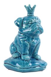 Ceramic British Bulldog Figurine with 5 Spiked Crown Sitting on a Cushion Gloss Finish Turquoise