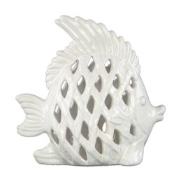 Ceramic Angel Fish Figurine with Diagonal Cutout Design Gloss Finish White