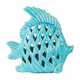 Ceramic Angel Fish Figurine with Diagonal Cutout Design Gloss Finish Turquoise