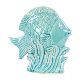Ceramic Fish Figurine on Seaweed Base Gloss Finish Turquoise