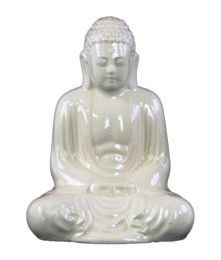 Ceramic Meditating Buddha Figurine with Rounded Ushnisha in Mida No Jouin Mudra Large Gloss Finish White