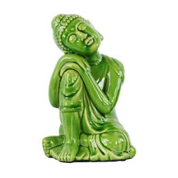 Ceramic Sitting Buddha with Rounded Ushnisha and Resting Head on Knee Figurine Large Gloss Finish Green