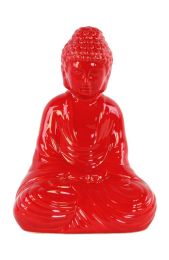 Ceramic Meditating Buddha Figurine with Rounded Ushnisha in Dhyana Mudra Gloss Finish Red - Ceramic