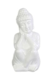 Ceramic Sitting Buddha Figurine with Rounded Ushnisha and Head on Hands Gloss Finish White