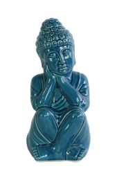 Ceramic Sitting Buddha Figurine with Rounded Ushnisha and Head on Hands Gloss Finish Turquoise