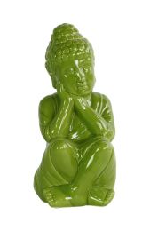Ceramic Sitting Buddha Figurine with Rounded Ushnisha and Head on Hands Gloss Finish Green