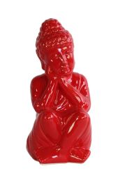 Ceramic Sitting Buddha Figurine with Rounded Ushnisha and Head on Hands Gloss Finish Red