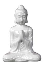 Ceramic Meditating Buddha Figurine with Rounded Ushnisha in Anjali Mudra Gloss Finish White
