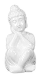 Ceramic Sitting Buddha Figurine with Rounded Ushnisha and Head Resting on Hands Gloss Finish White