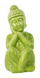 Ceramic Sitting Buddha Figurine with Rounded Ushnisha and Head Resting on Hands Gloss Finish Yellow Green
