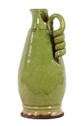 Ceramic Round Bellied Tuscan Vase with Coiled Handle Craquelure Distressed Gloss Finish Yellow Green - 16"H
